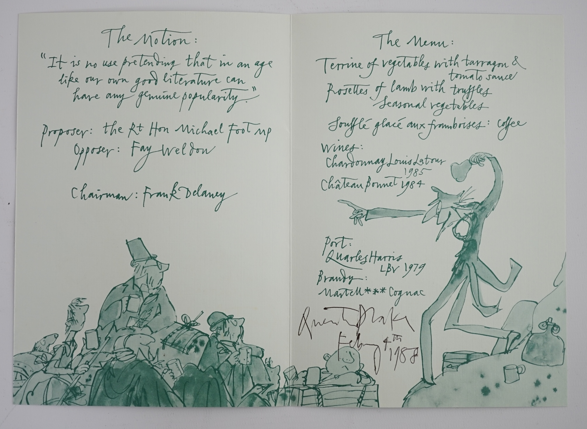 Quentin Blake illustrated menu, signed by Quentin Blake, produced for the Fourth Folio Literary Dinner and Debate at the Merchant Taylor’s’ Hall Thursday 4 February 1988, signed and dated by Blake. Condition - good